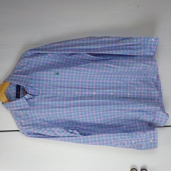 Ralph lauren Blue/ Pink Plaid Preppy Green Pony Button down Shirt Sz.L - Picture 1 of 9